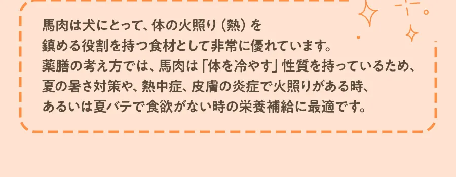 馬肉は犬にとって、体の火照り（熱）を鎮める役割がある