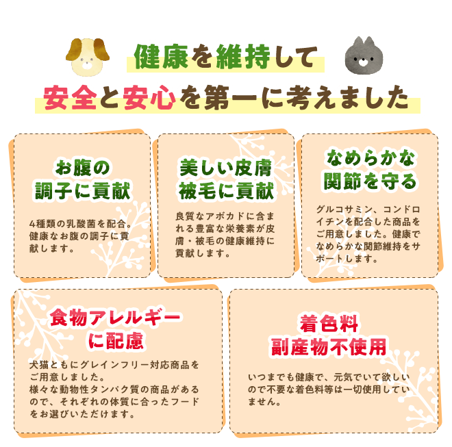 健康を維持して安全と安心を第一に考えました。お腹の調子に貢献 美しい皮膚、被毛に貢献 なめらかな関節を守る 食物アレルギーに配慮 着色料副産物不使用
